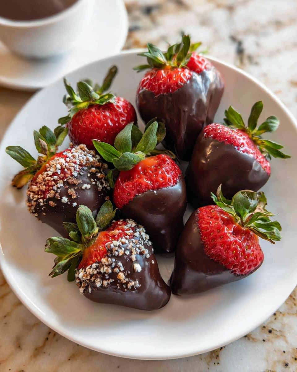 A plate of fresh Chocolate Covered Strawberries, some plain and some sprinkled with white sugar.
