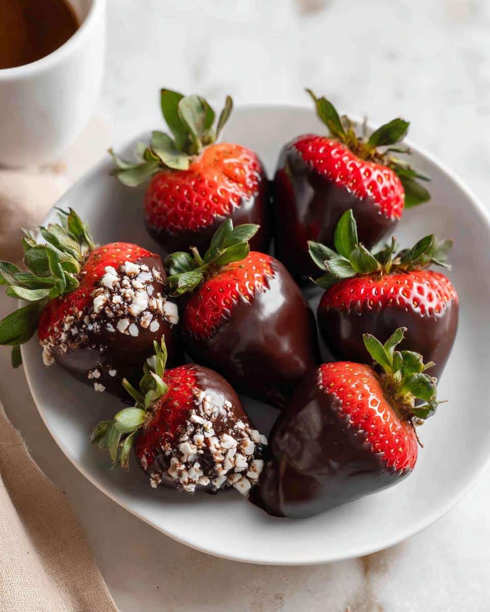 A white plate holding several fresh Chocolate Covered Strawberries, some topped with white sprinkles.