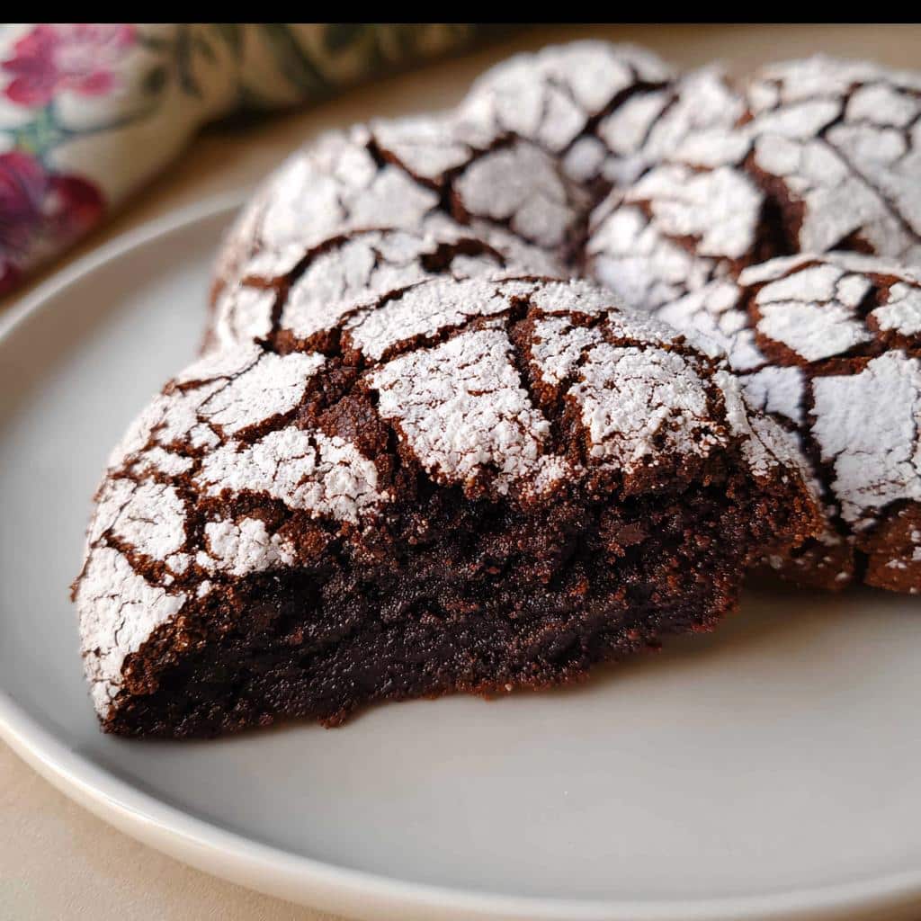 A rich, dark Chocolate Crinkle Cake cookie, cut in half to show the fudgy interior, dusted heavily with powdered sugar.