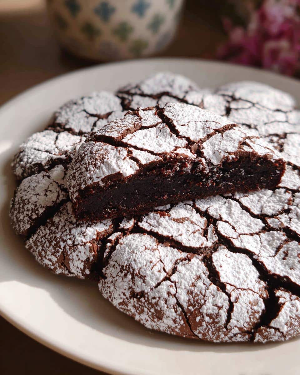 Close-up of fudgy Chocolate Crinkle Cake cookies dusted heavily with powdered sugar, one cookie is cut in half.