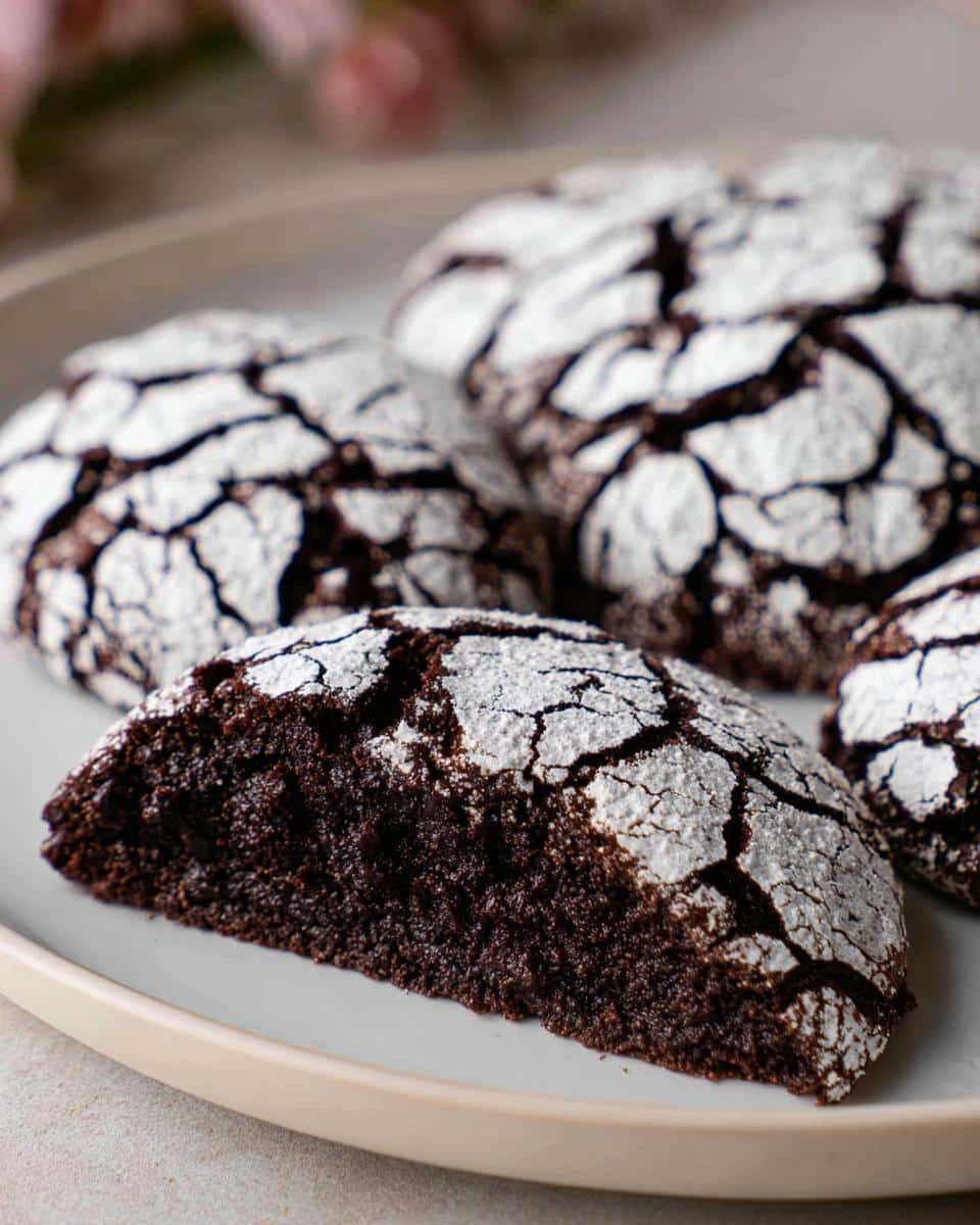 Cross-section view showing the moist, dark interior of a Chocolate Crinkle Cake cookie dusted with powdered sugar.