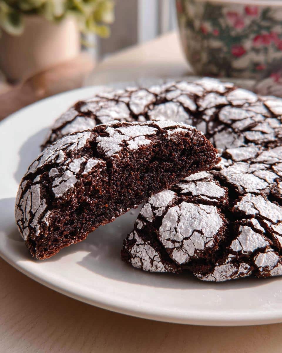 Close-up of a Chocolate Crinkle Cake piece cut in half showing the dark, moist interior and powdered sugar exterior.