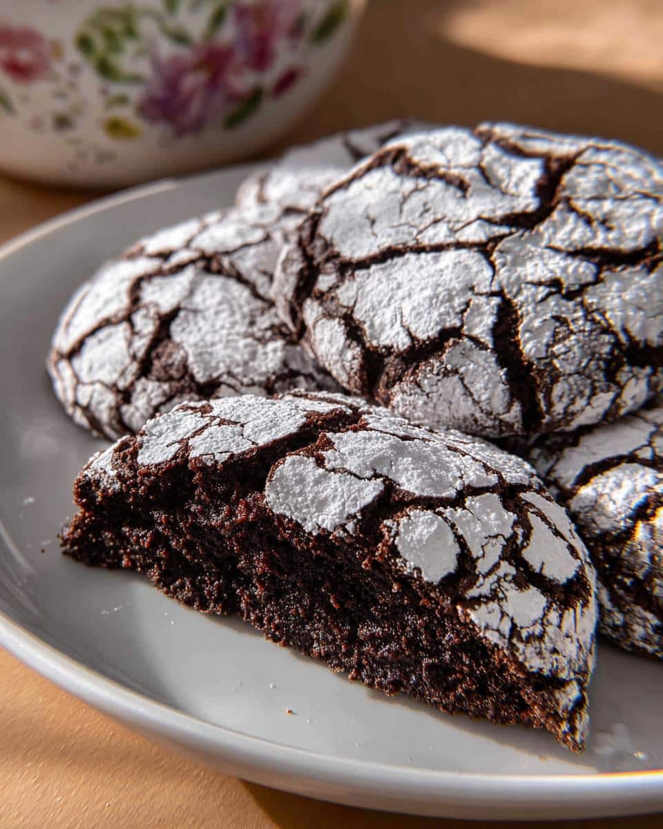 Close-up of a Chocolate Crinkle Cake cookie cut in half showing the rich, fudgy interior and powdered sugar cracks.