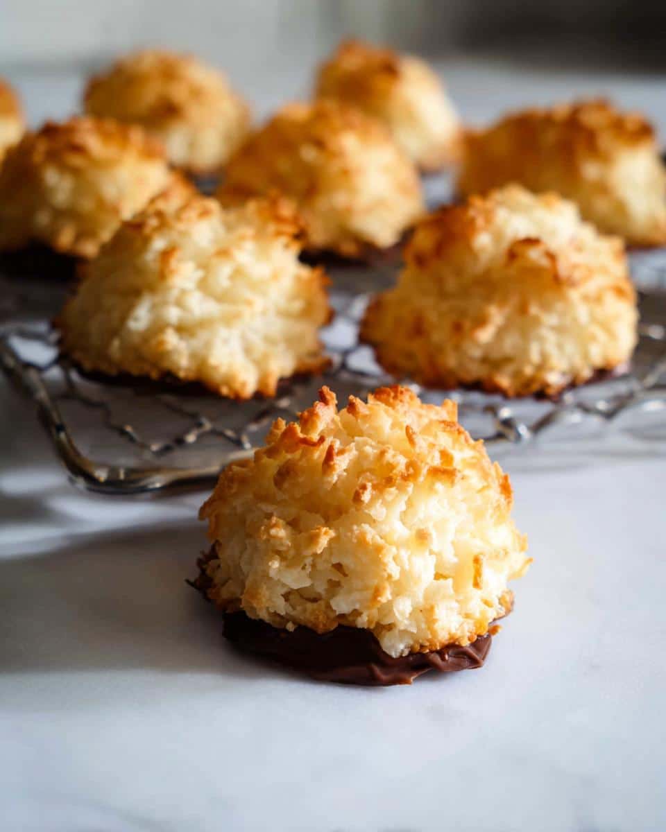 A single, perfectly toasted Gluten Free Coconut Macaroon dipped in melted chocolate resting in the foreground.
