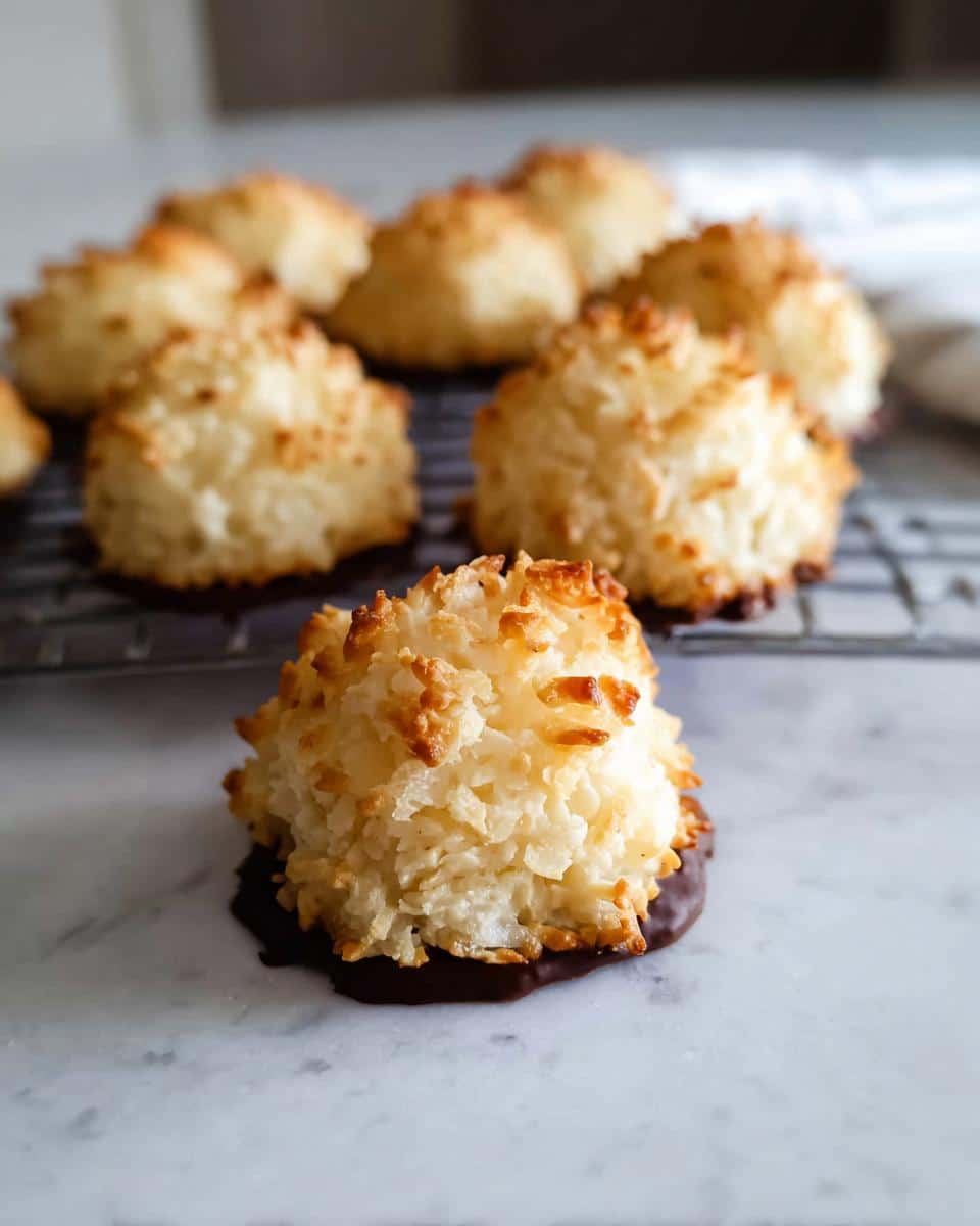 Close-up of a perfect Gluten Free Coconut Macaroon dipped in dark chocolate on a marble surface.