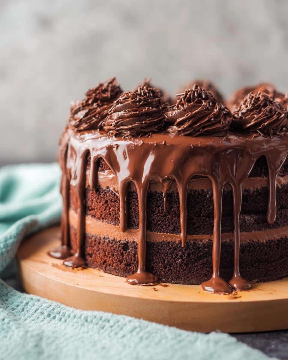 A decadent, multi-layered chocolate cake featuring a glossy Chocolate Ganache Drip Cake effect and piped frosting swirls on top.
