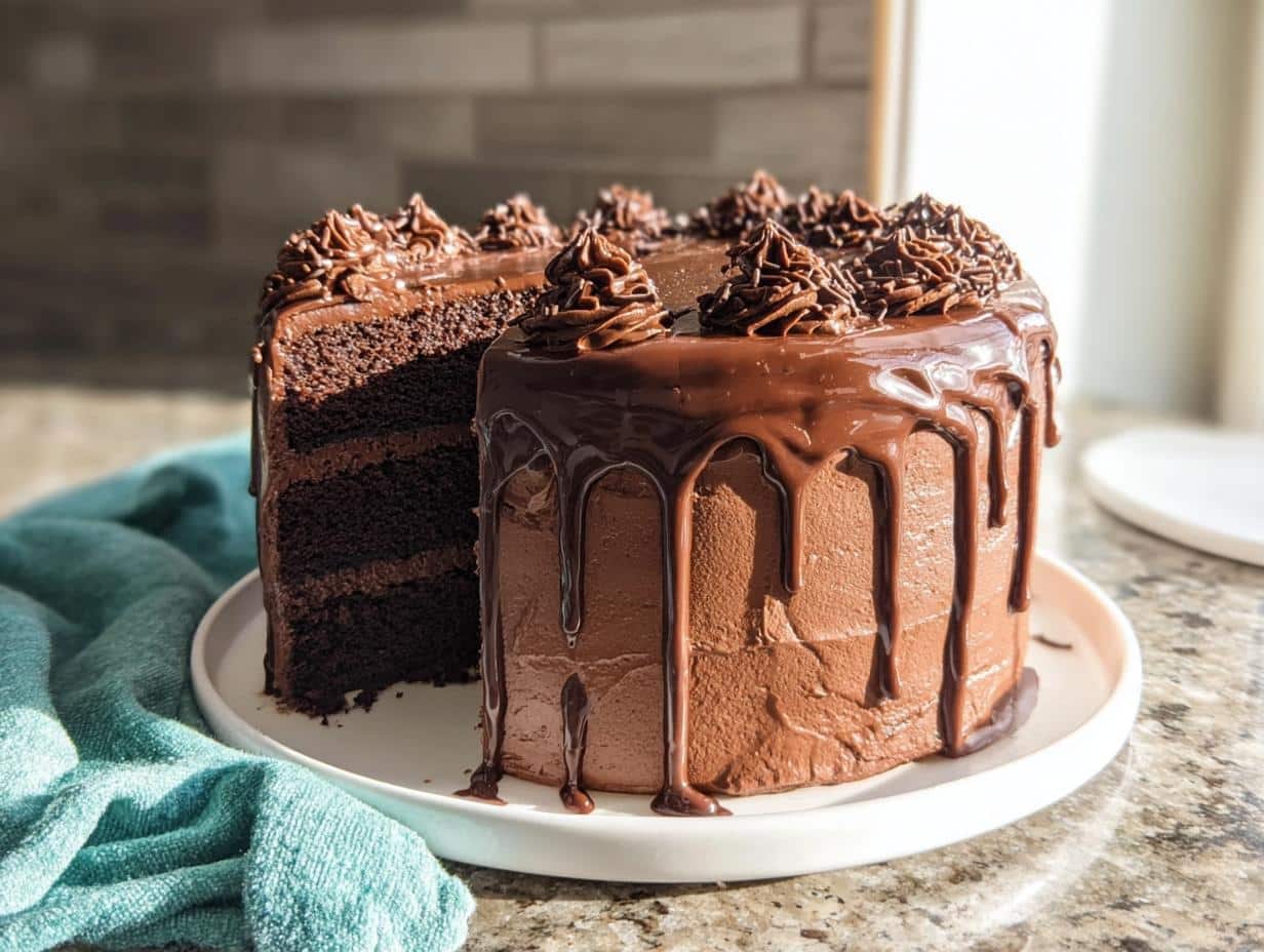 A rich Chocolate Ganache Drip Cake with a slice cut out, revealing three dark chocolate layers.