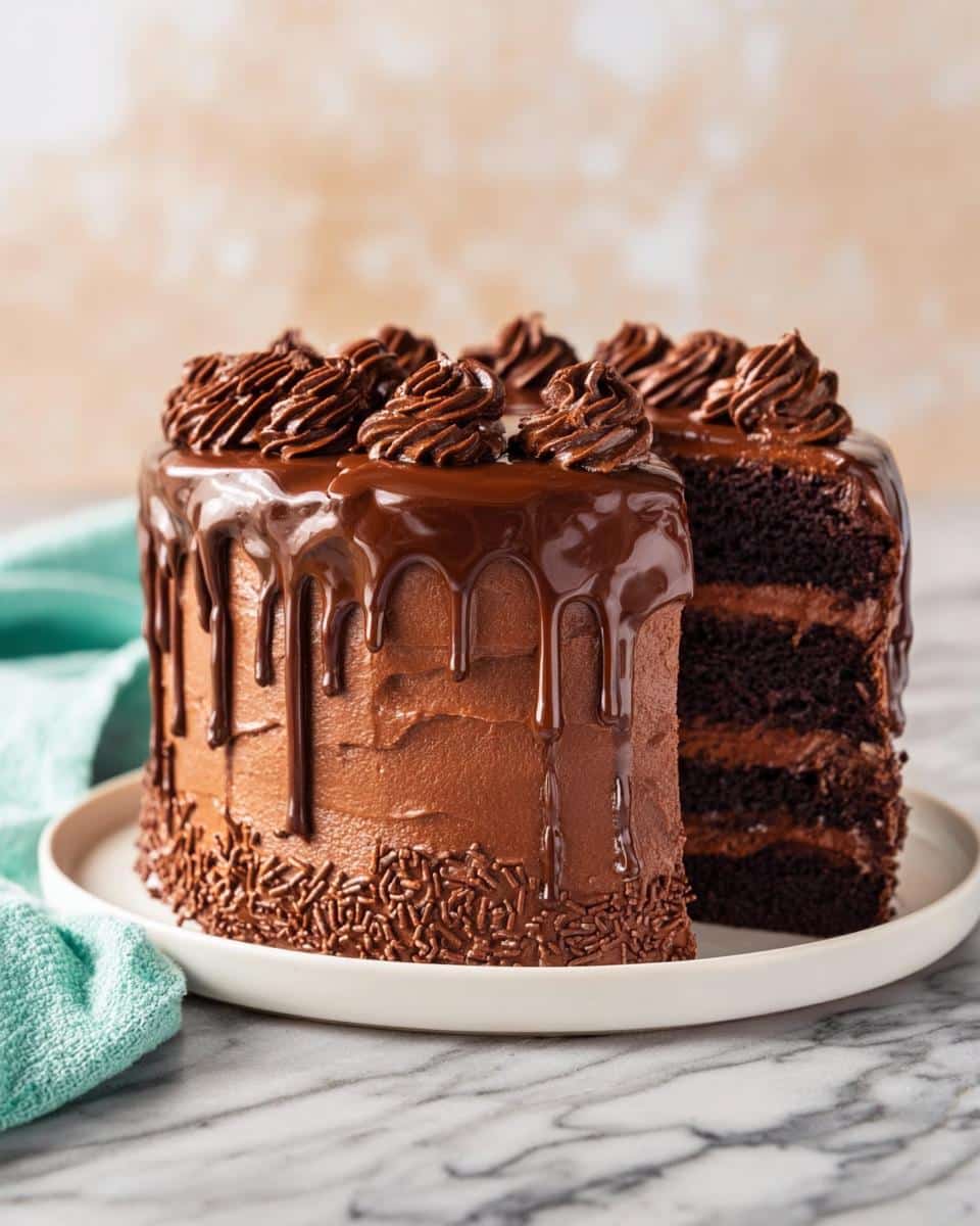 A rich, multi-layered Chocolate Ganache Drip Cake with a slice removed to show the interior layers.