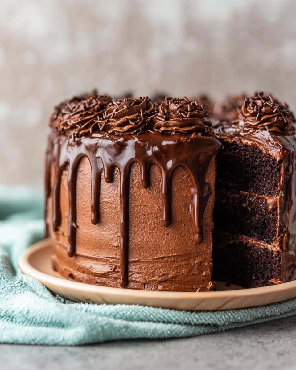 A rich, multi-layered Chocolate Ganache Drip Cake with a slice cut out to show the interior layers.