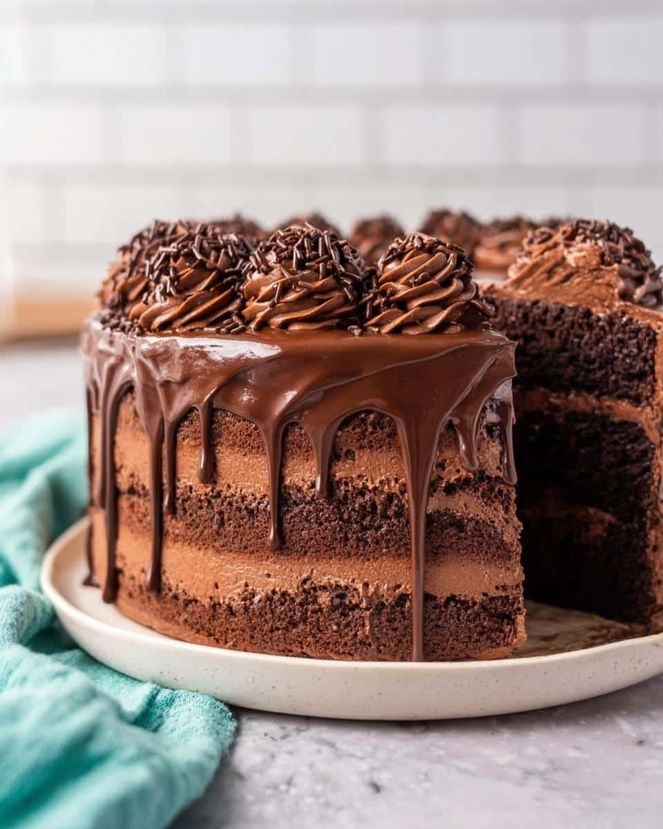 A decadent, multi-layered Chocolate Ganache Drip Cake with rich frosting and chocolate sprinkles on top.