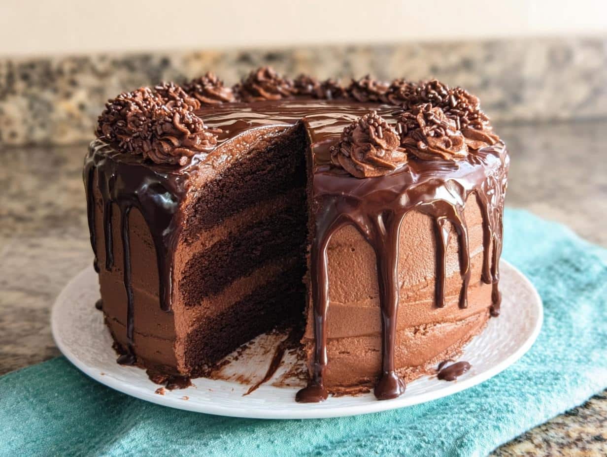 A decadent, multi-layered Chocolate Ganache Drip Cake with a slice cut out, showing rich layers.
