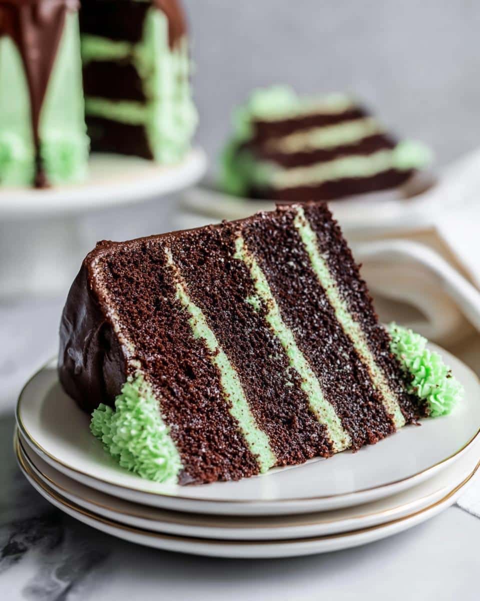 Close-up of a rich slice of Chocolate Mint Cake showing dark chocolate layers alternating with thin mint green frosting layers.