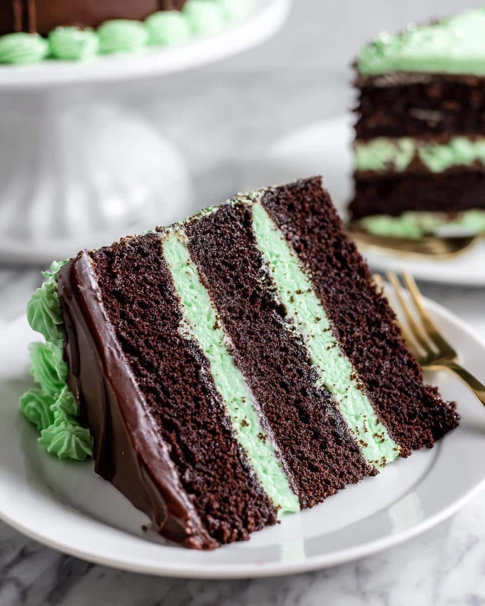 Close-up of a slice of Chocolate Mint Cake showing dark chocolate layers and bright green mint filling.