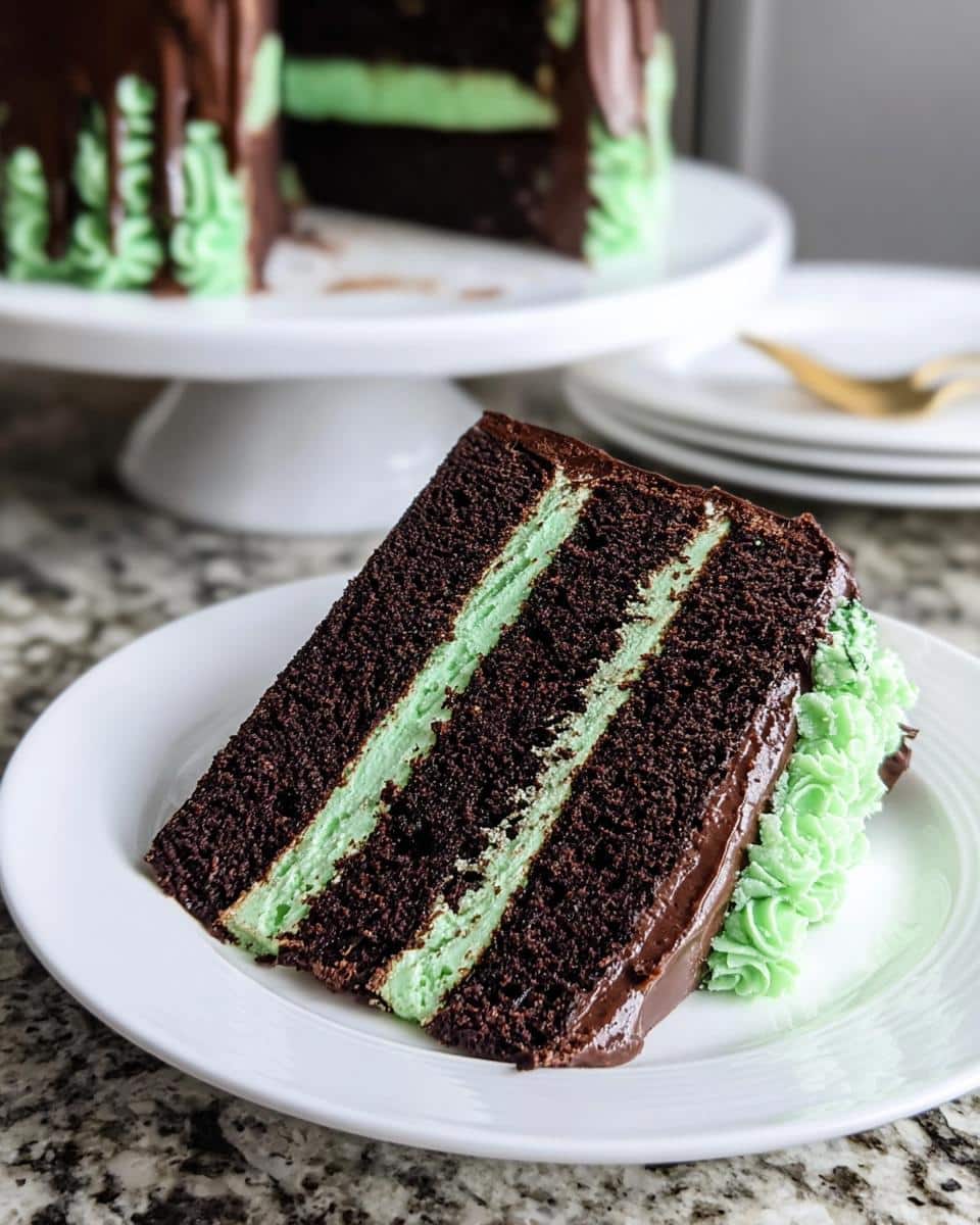 A decadent slice of Chocolate Mint Cake showing three dark chocolate layers separated by bright green mint filling.
