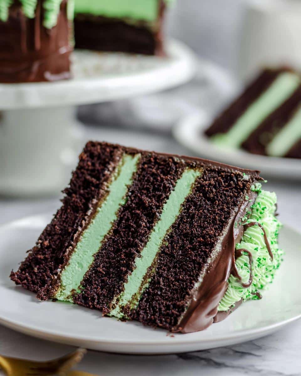 A close-up slice of a rich Chocolate Mint Cake showing three layers of dark chocolate cake alternating with bright mint green filling.