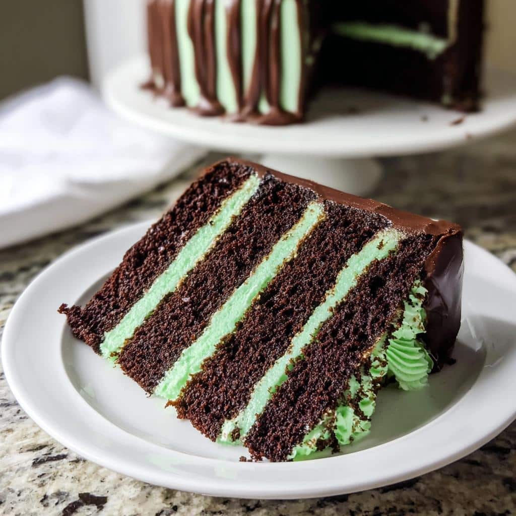 A decadent slice of Chocolate Mint Cake featuring dark chocolate layers and bright green mint frosting.