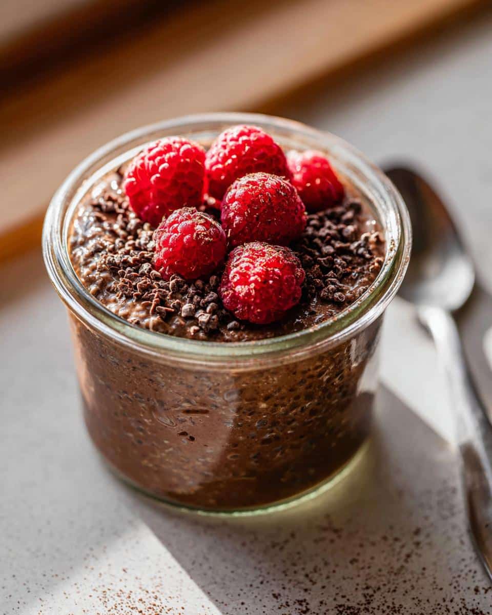 Close-up of Chocolate Overnight Oats in a glass jar, topped with fresh raspberries and chocolate shavings.