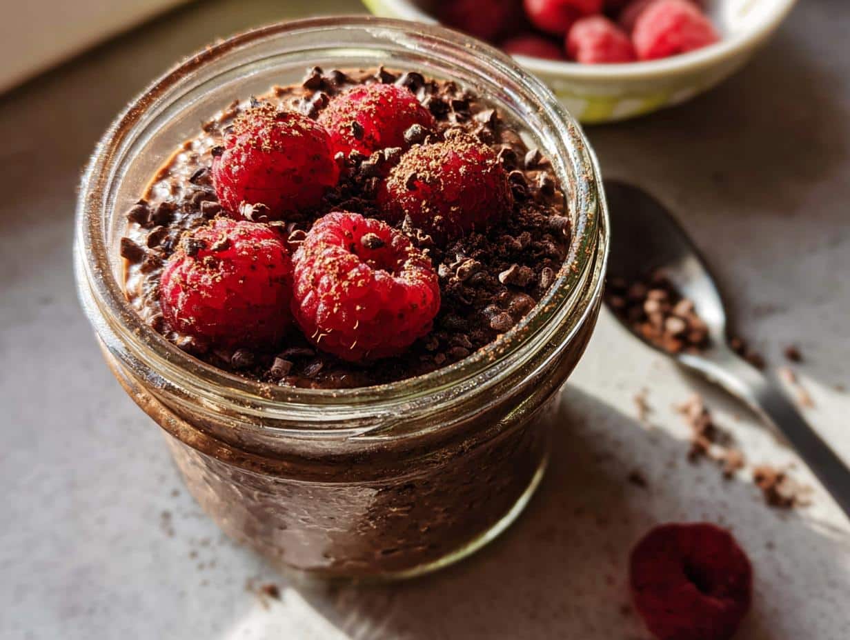 Close-up of Chocolate Overnight Oats in a jar, topped with fresh raspberries and cocoa nibs.
