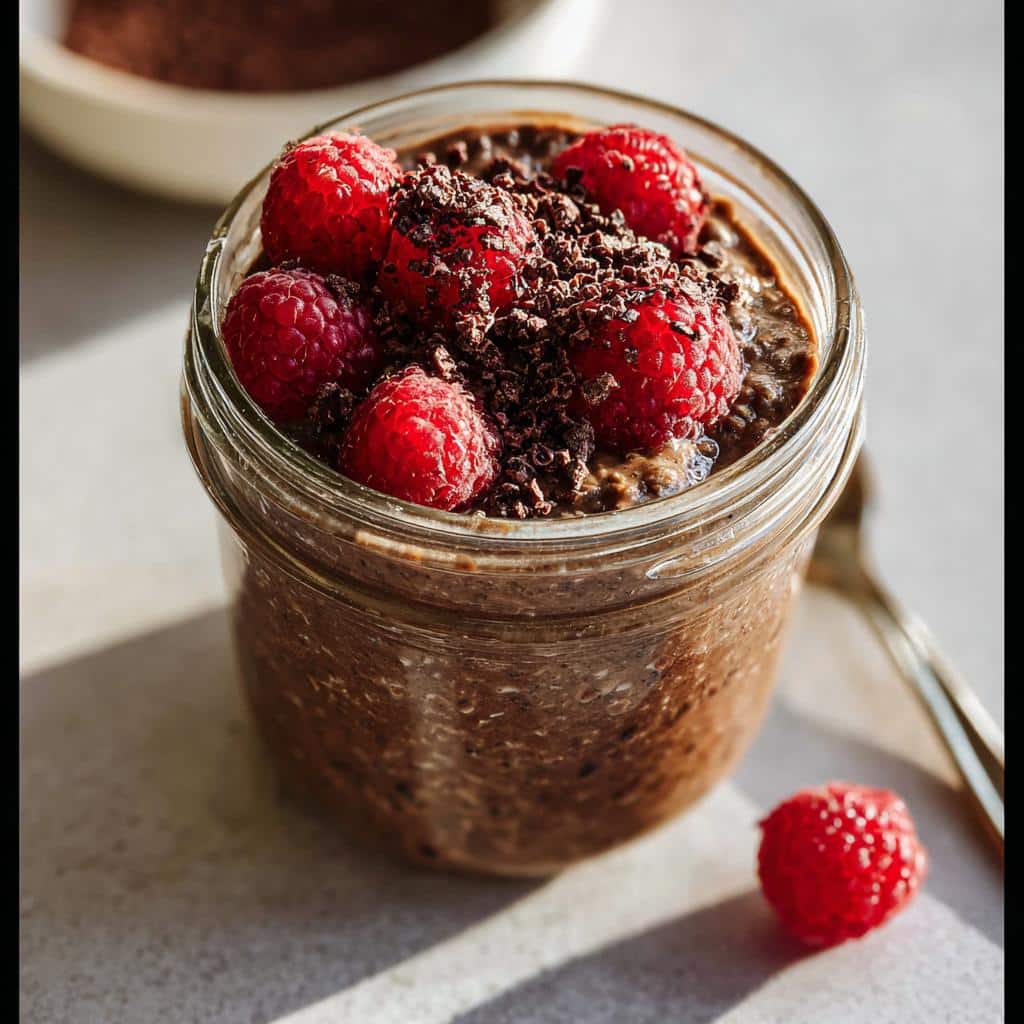 Close-up of Chocolate Overnight Oats in a jar, topped with fresh raspberries and chocolate shavings.
