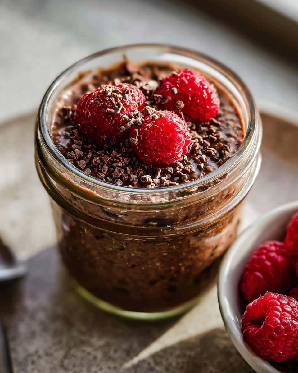 Close-up of Chocolate Overnight Oats in a jar, topped with fresh raspberries and cacao nibs.