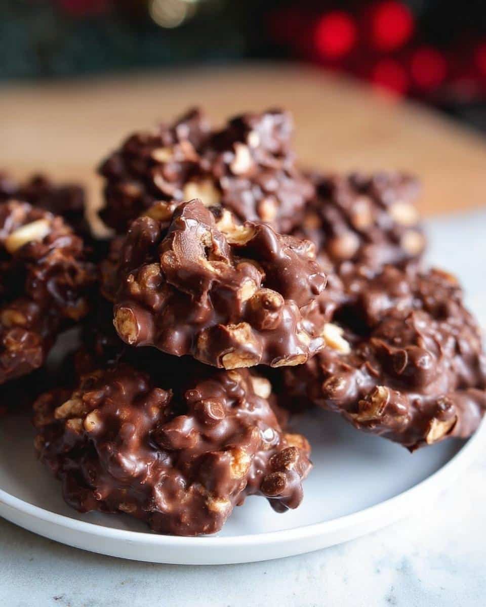 A pile of glossy, freshly made Chocolate Peanut Clusters resting on a small white plate.