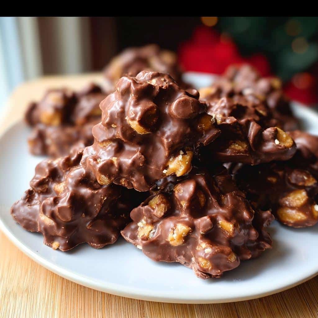 A close-up of several rich Chocolate Peanut Clusters piled high on a white plate.