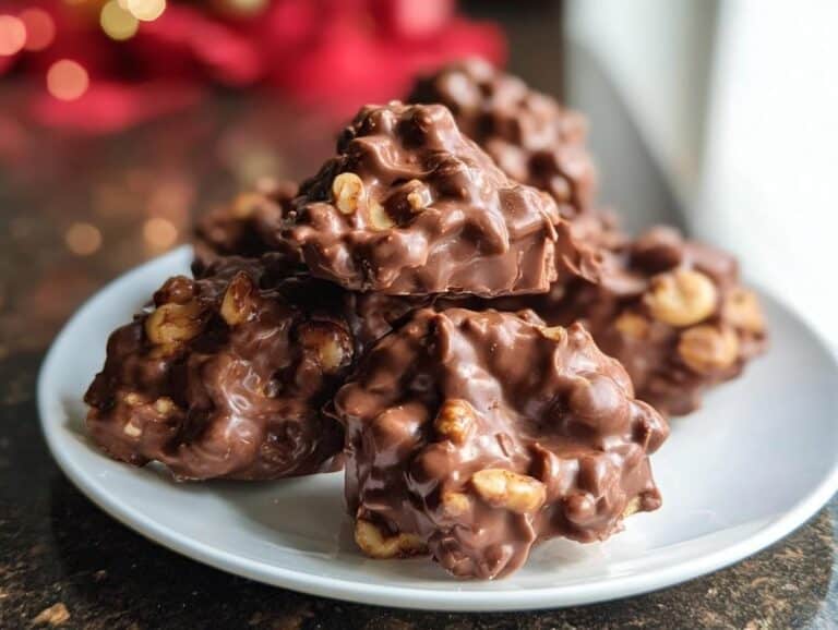 A stack of rich, homemade Chocolate Peanut Clusters coated in glossy milk chocolate and studded with peanuts, served on a white plate.