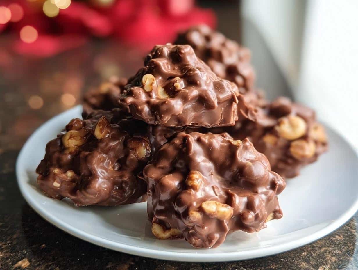 A stack of rich, homemade Chocolate Peanut Clusters coated in glossy milk chocolate and studded with peanuts, served on a white plate.