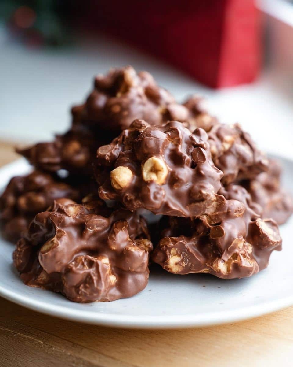 A stack of rich, homemade Chocolate Peanut Clusters piled on a light blue plate.