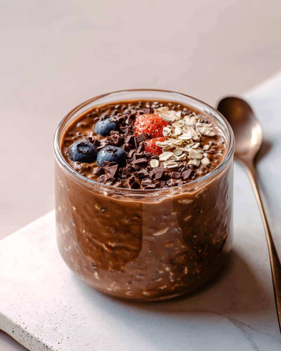 Close-up of Chocolate Protein Overnight Oats topped with blueberries, strawberry, oats, and chocolate shavings.