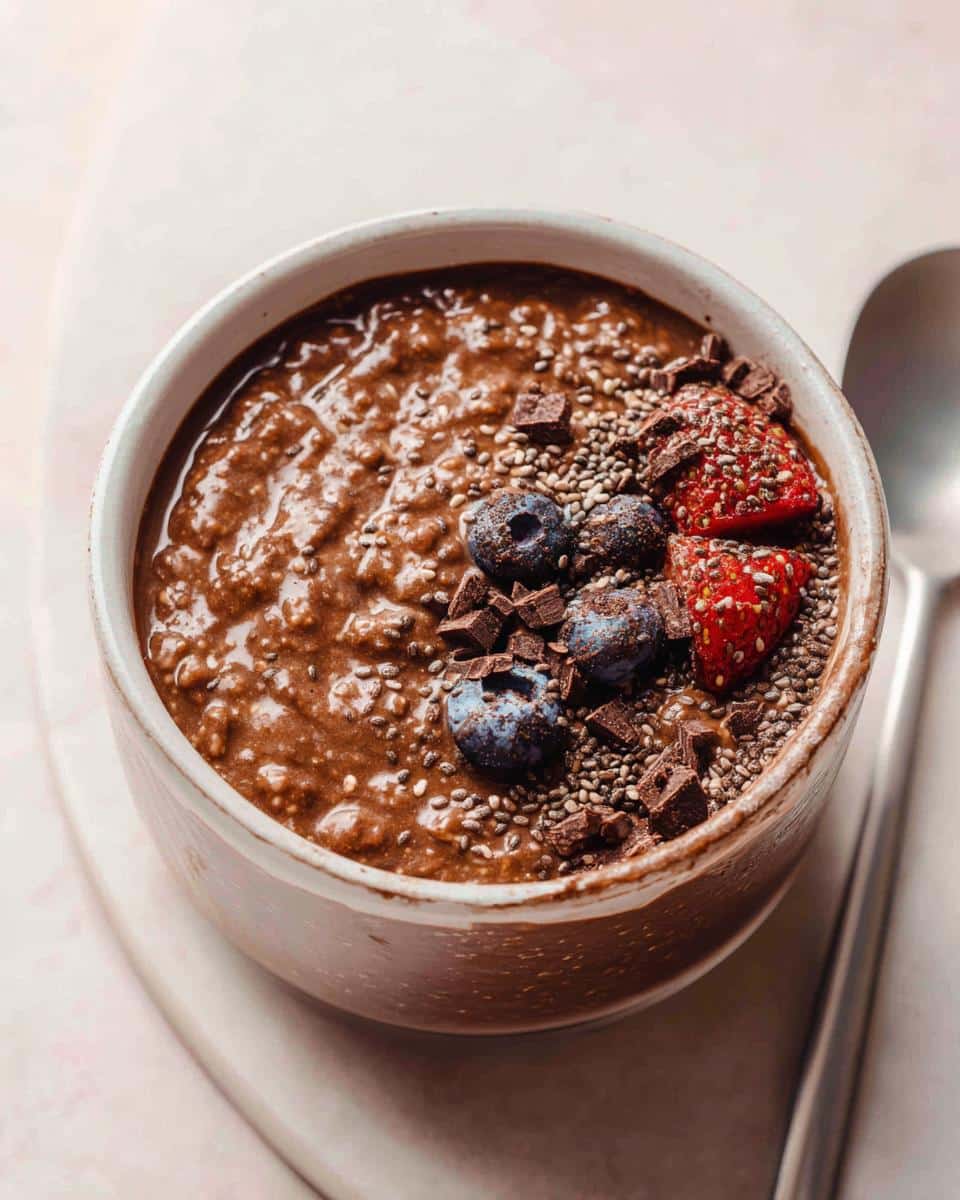 Close-up of Chocolate Protein Overnight Oats topped with blueberries, strawberries, chia seeds, and chocolate chunks.