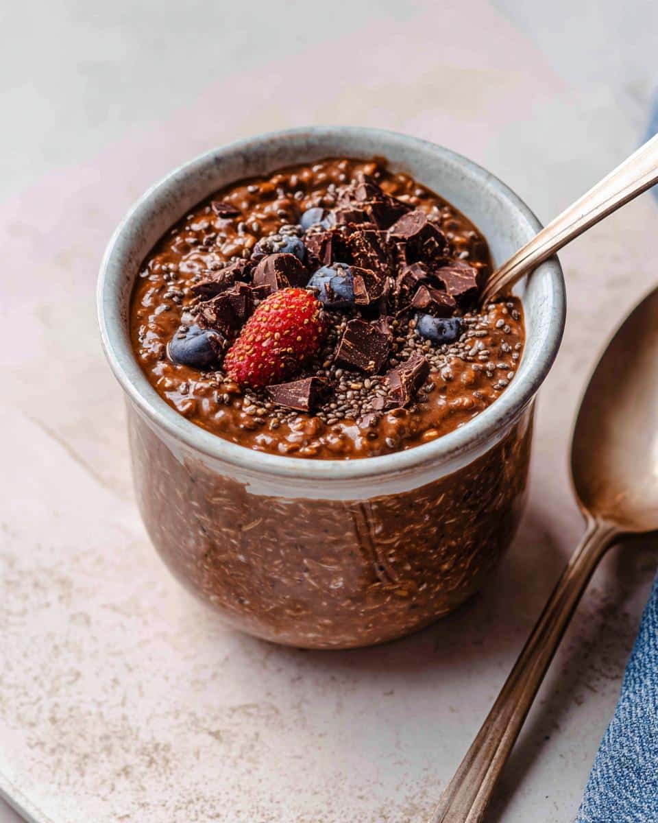 Close-up of Chocolate Protein Overnight Oats in a mug, topped with chocolate chunks, blueberries, and a strawberry.
