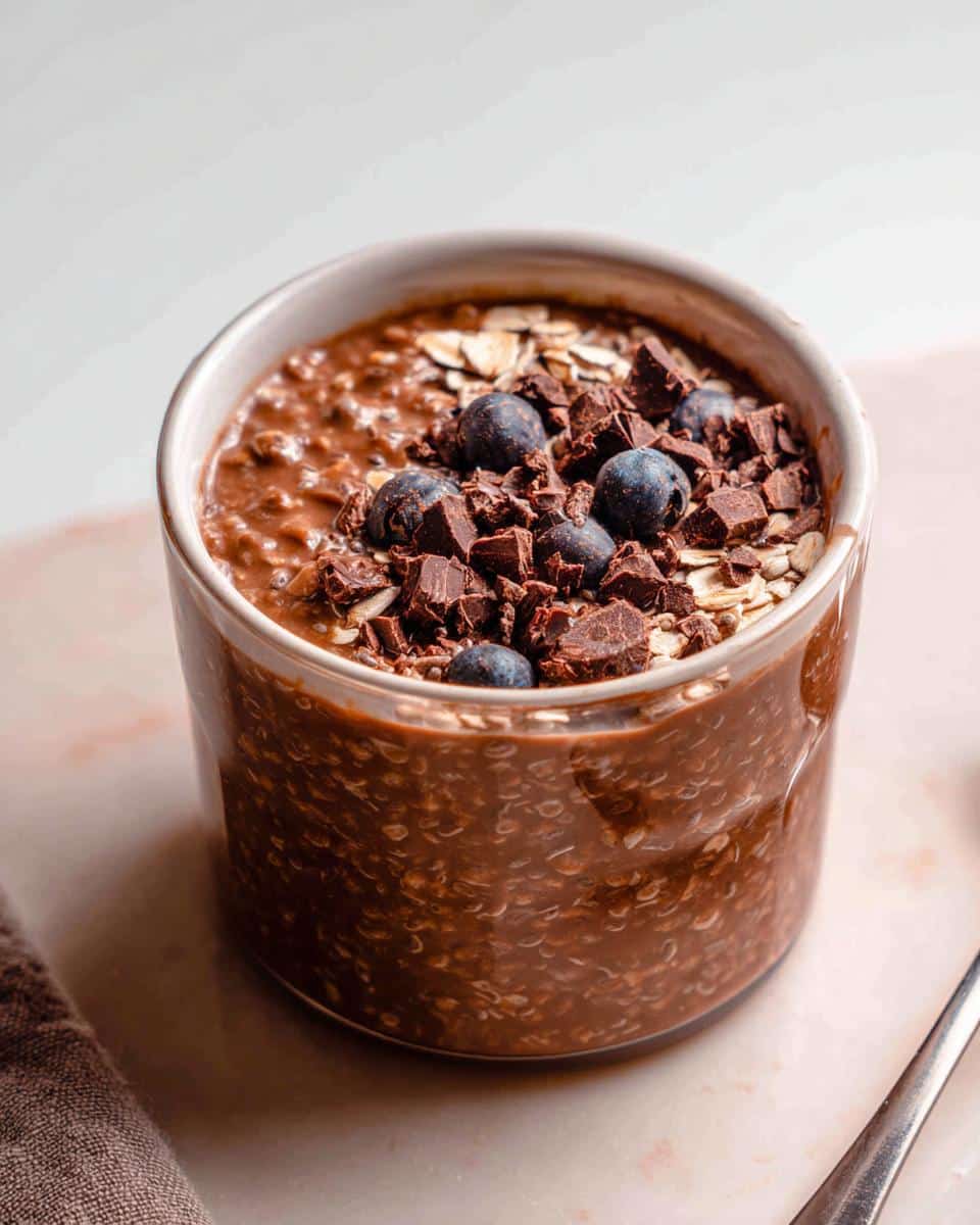 Close-up of Chocolate Protein Overnight Oats in a glass jar, topped with chocolate chunks, blueberries, and dry oats.