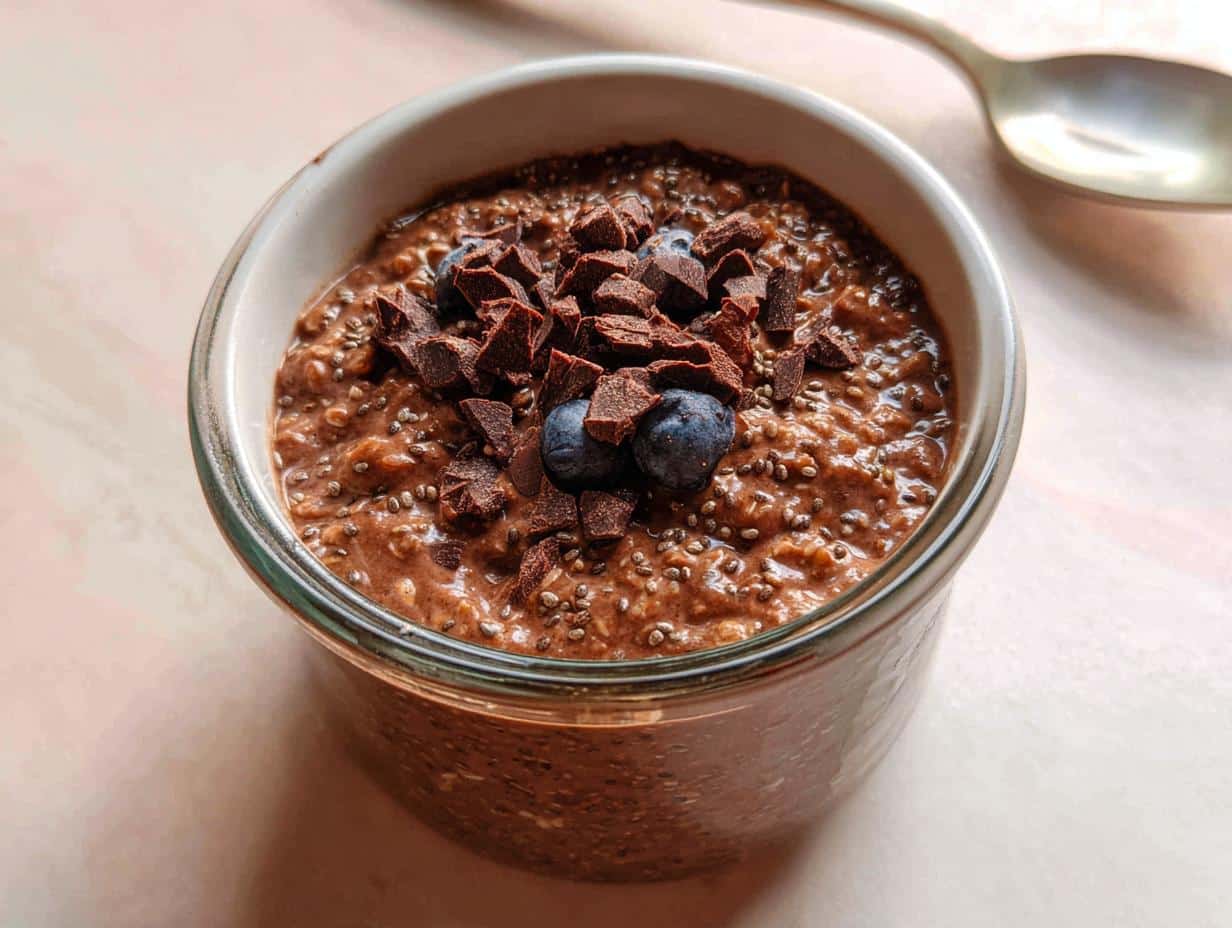 Close-up of Chocolate Protein Overnight Oats topped with chocolate shavings and blueberries in a glass jar.