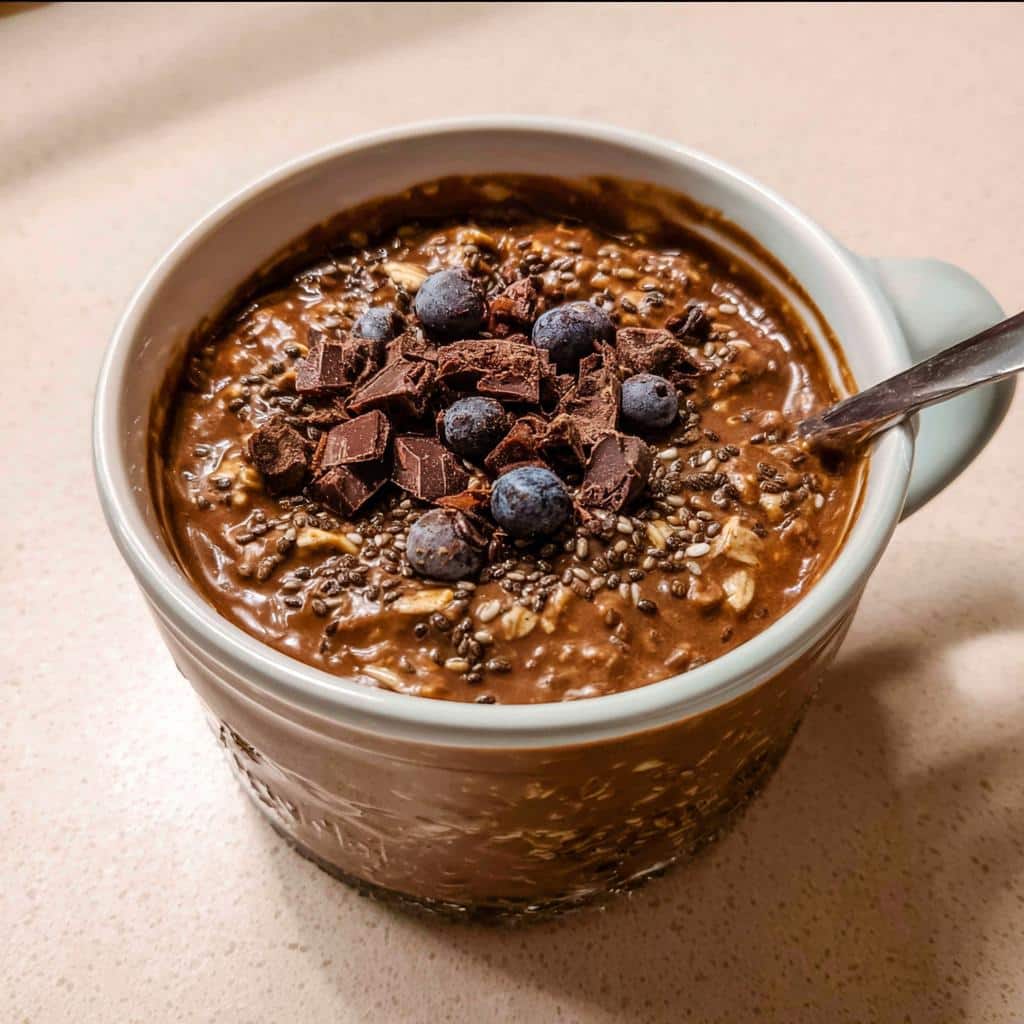 A close-up of rich Chocolate Protein Overnight Oats topped with blueberries, chocolate chunks, and chia seeds.