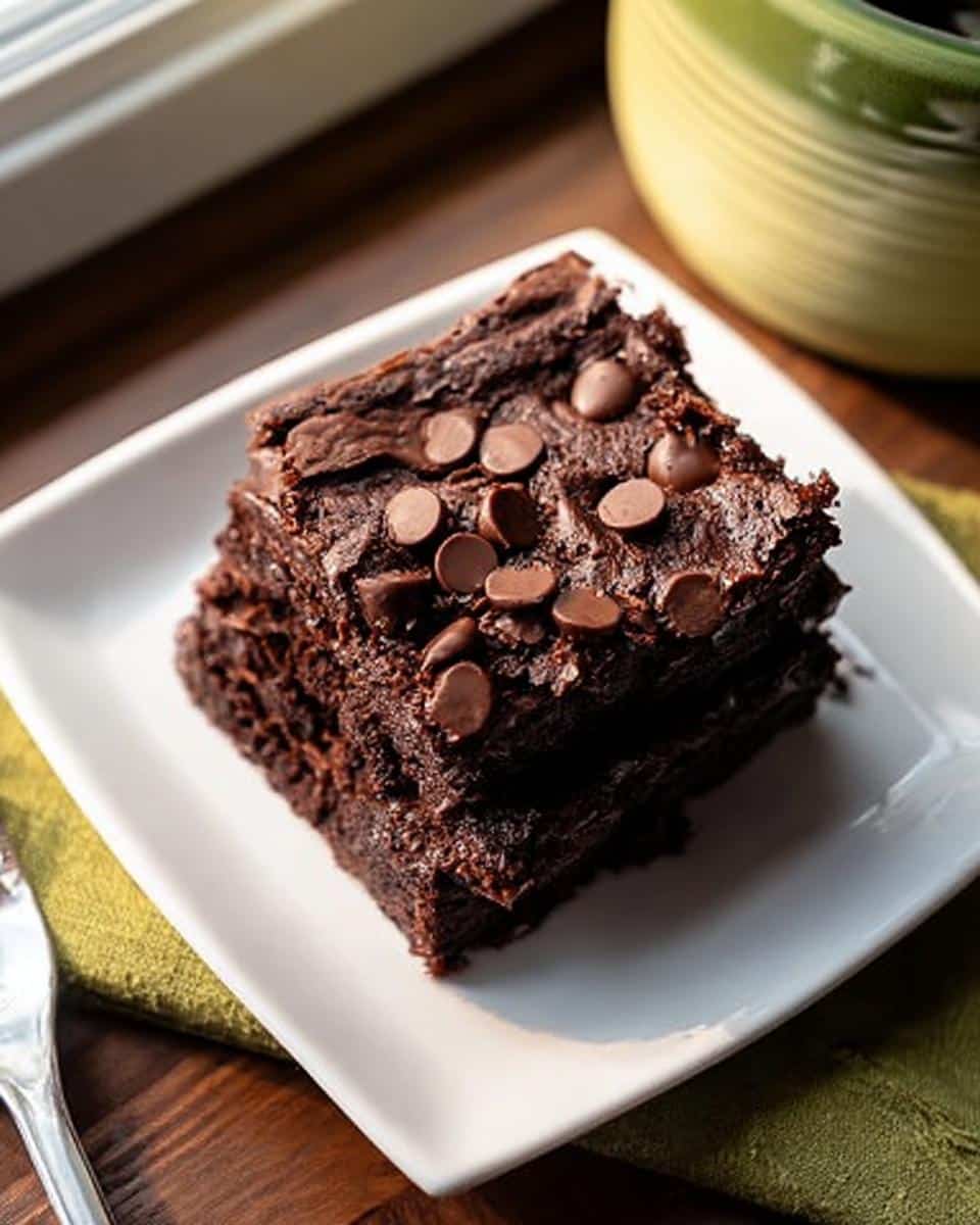 A decadent square slice of Chocolate Pudding Dump Cake topped with chocolate chips on a white plate.
