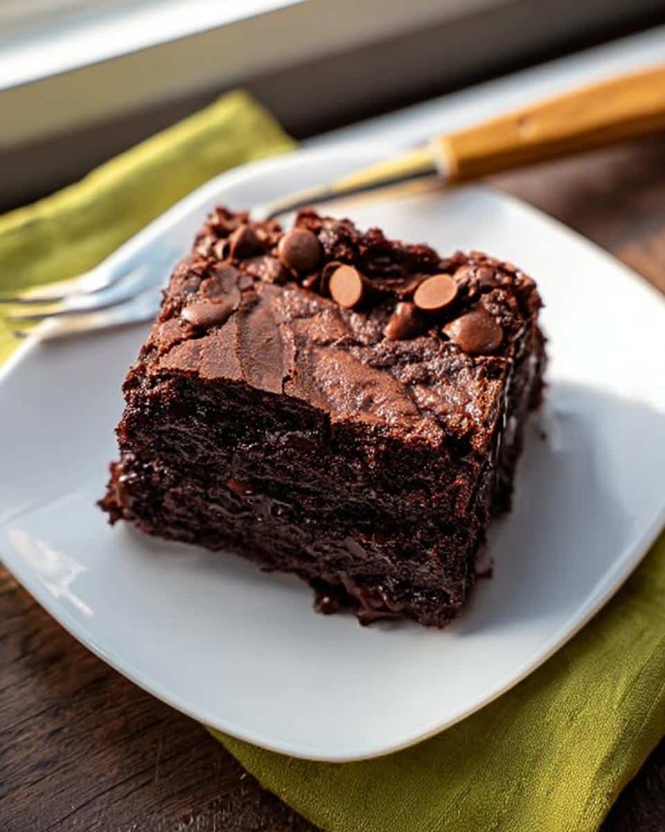 A moist, square slice of Chocolate Pudding Dump Cake topped with chocolate chips, served on a white plate.