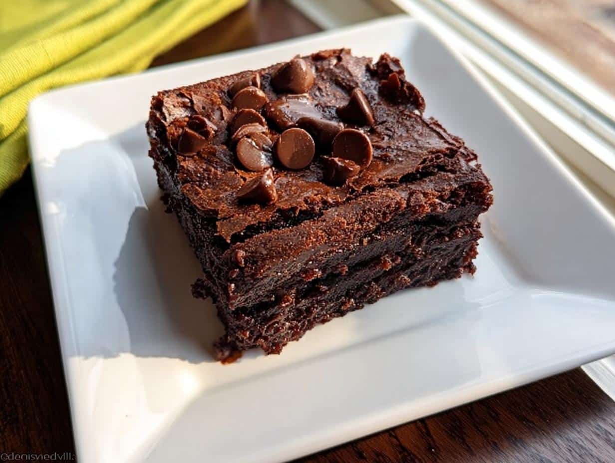 A moist, fudgy square of Chocolate Pudding Dump Cake topped with chocolate chips on a white plate.