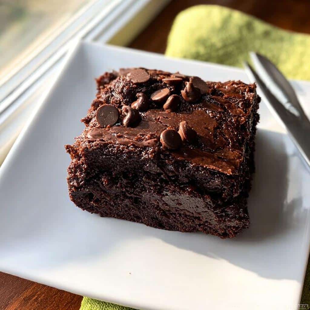 A moist square of Chocolate Pudding Dump Cake topped with melted chocolate and chocolate chips.