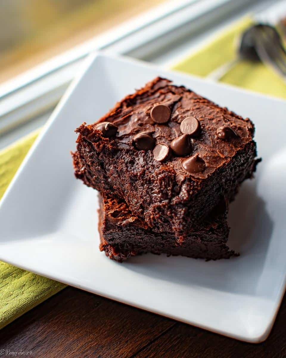 Two rich, fudgy squares of Chocolate Pudding Dump Cake stacked on a white plate, topped with chocolate chips.