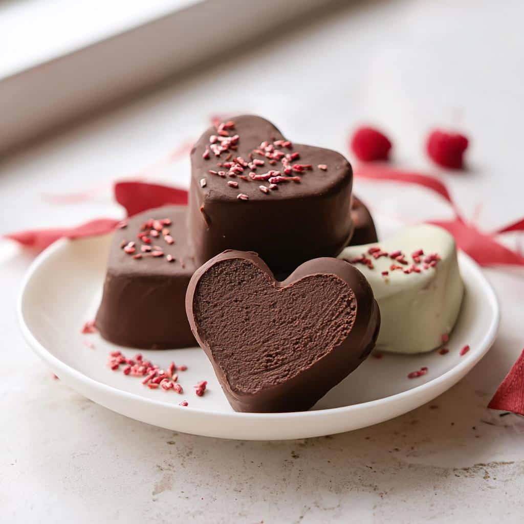 Close-up of several heart-shaped Chocolate Truffle Hearts, one cut to show the dark chocolate interior, on a white plate.