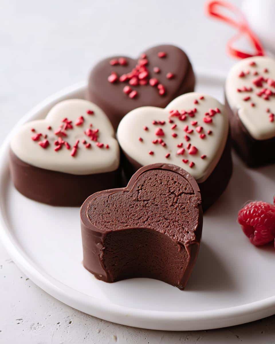 A close-up of a bitten Chocolate Truffle Heart showing the rich, dark filling, surrounded by other heart-shaped truffles.