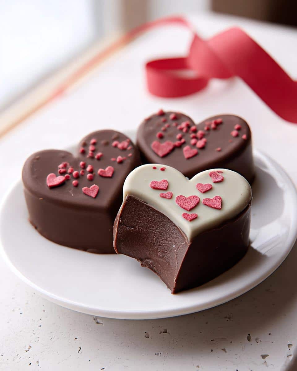 Three heart-shaped Chocolate Truffle Hearts on a white plate, one cut open showing the rich filling.