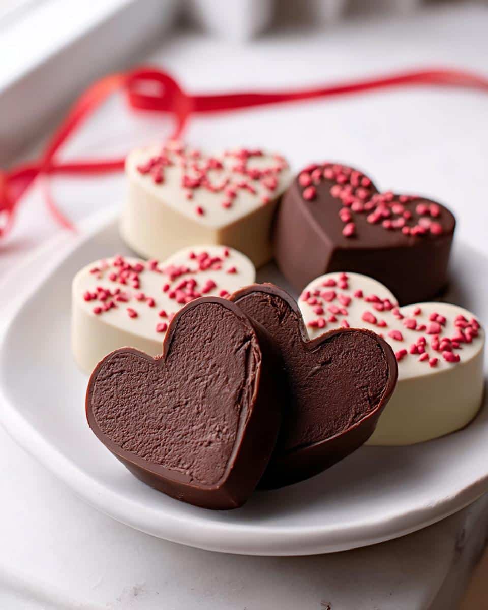 A plate of homemade Chocolate Truffle Hearts, featuring dark and white chocolate varieties topped with red sprinkles.