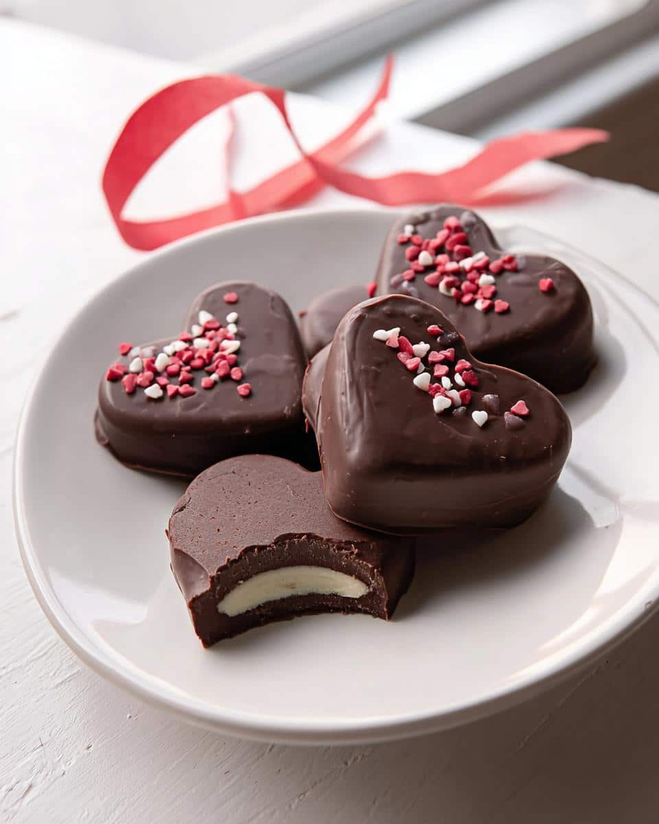 Four heart-shaped chocolate truffle hearts topped with red and white sprinkles, one is bitten showing a creamy white center.