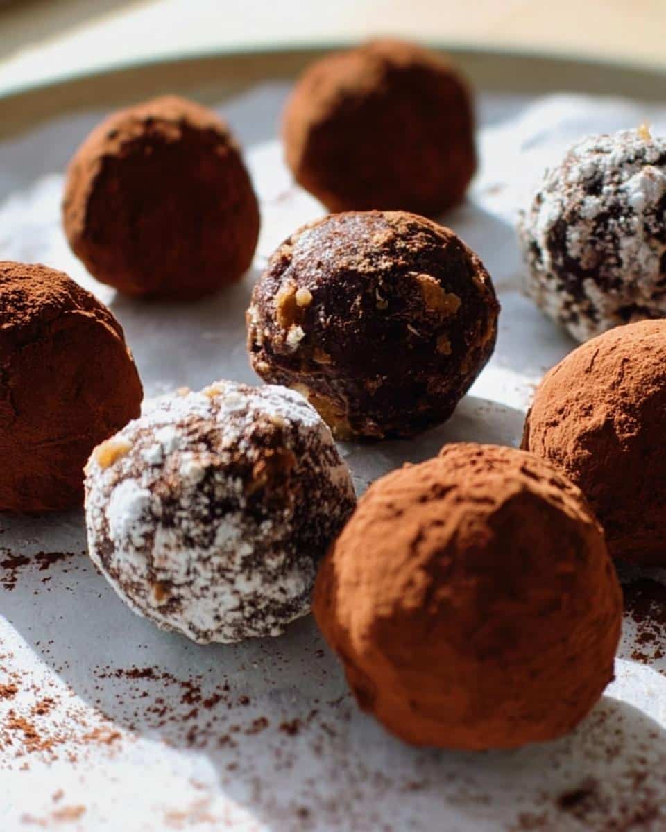 Close-up of several chocolate truffles dusted with cocoa powder and powdered sugar, resembling Dessert Mashed Potatoes.