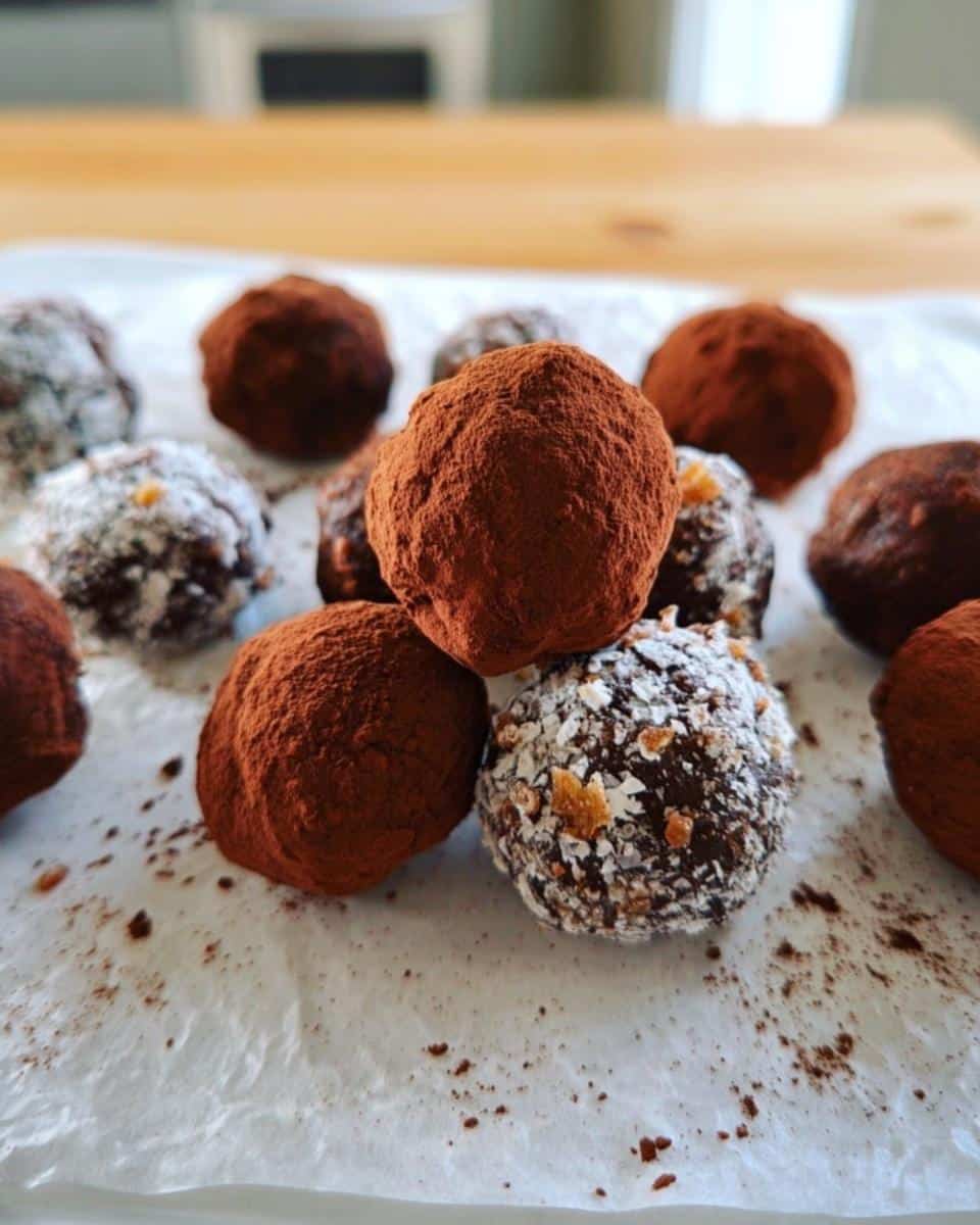 Close-up of chocolate truffles dusted with cocoa powder and coconut, related to Dessert Mashed Potatoes.