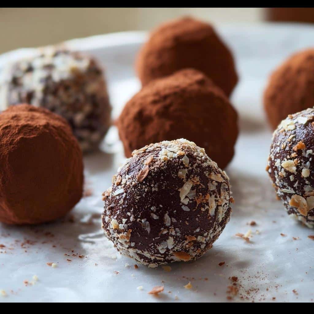 Close-up of chocolate truffles, some rolled in cocoa powder and others in chopped nuts, related to Dessert Mashed Potatoes.