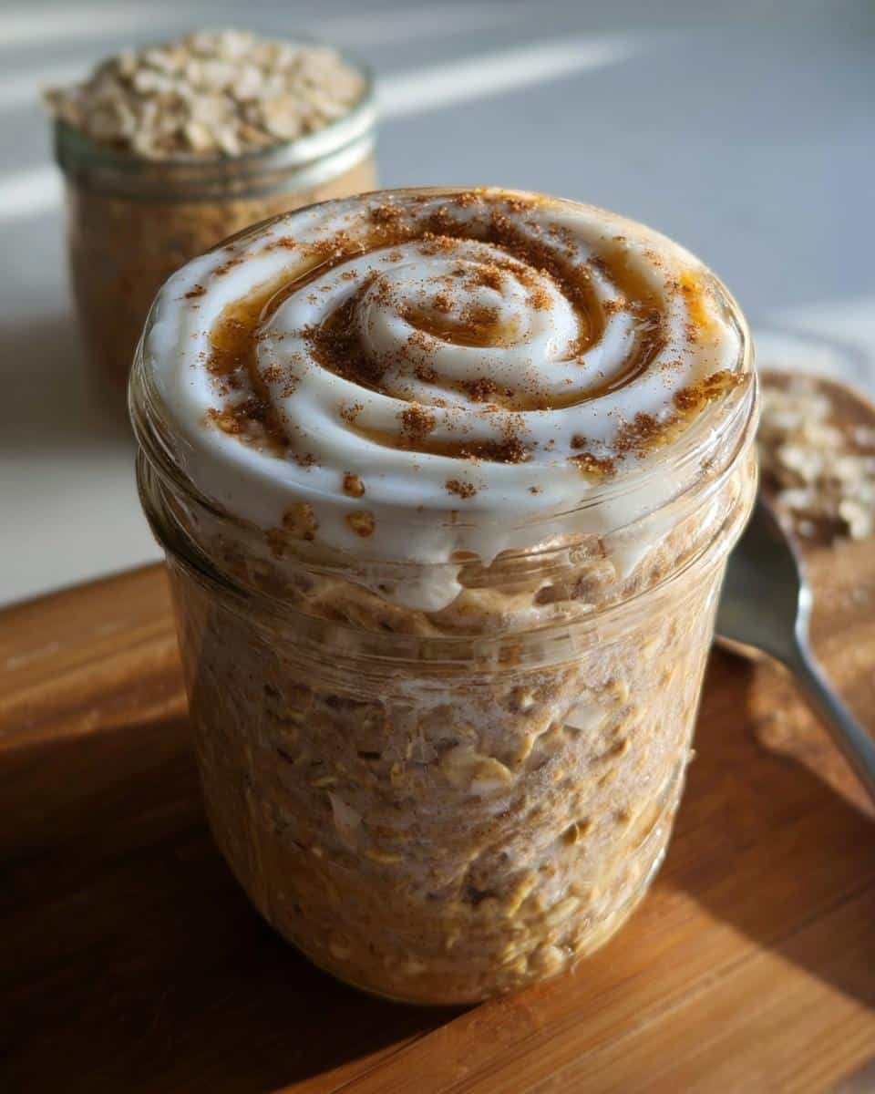 Close-up of Cinnamon Roll Overnight Oats in a jar, topped with a swirl of white frosting, cinnamon, and syrup.