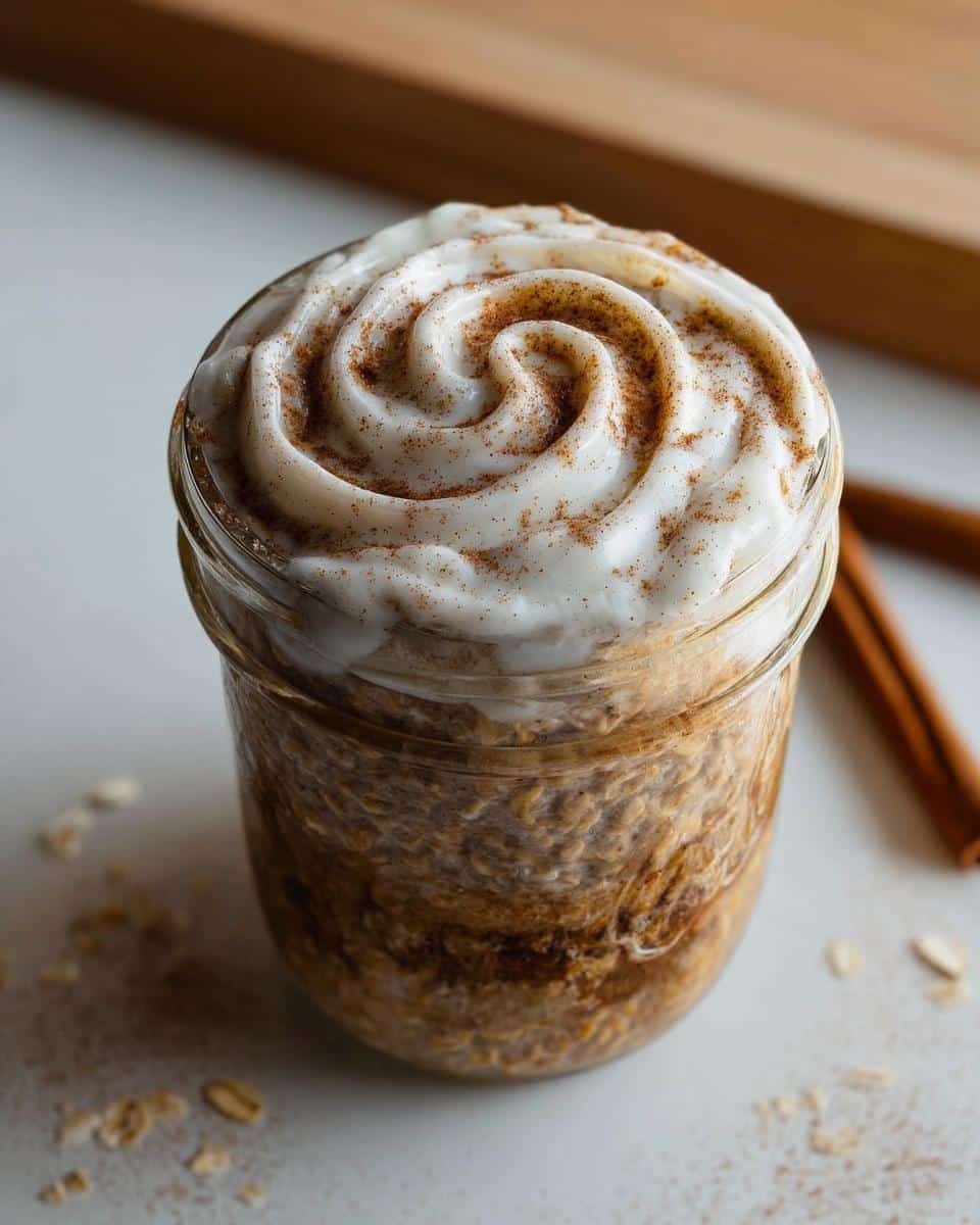 Close-up of Cinnamon Roll Overnight Oats in a mason jar topped with swirled white frosting and cinnamon.